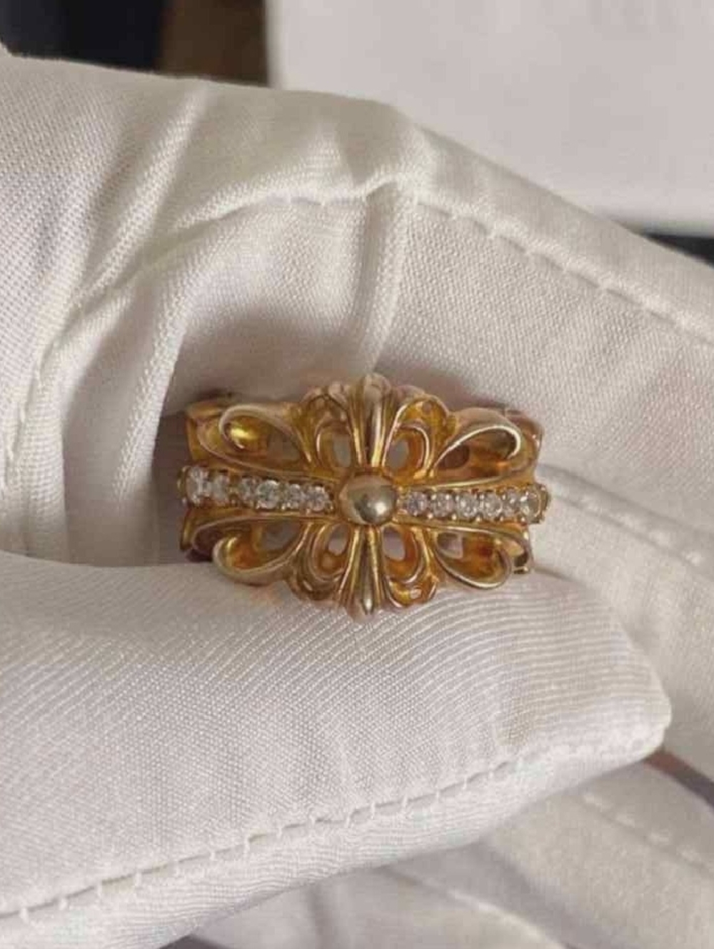 Chrome Hearts Gold-Tone Floral Filigree Ring with Crystal Row - Picture 1 of 7